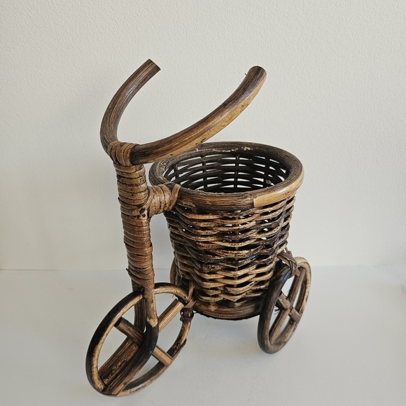 Vintage Bamboo & Wicker TRICYCLE Plant Stand Boho Decor Rattan Bike - Picture 2 of 8